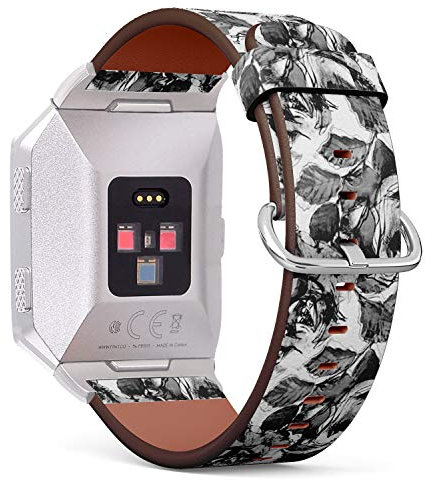 Kompatibel mit Fitbit Ionic Lederarmband, Armband mit Edelstahl-Verschluss und Adaptern (Art Monochrome Weiß Schwarz Vintage)