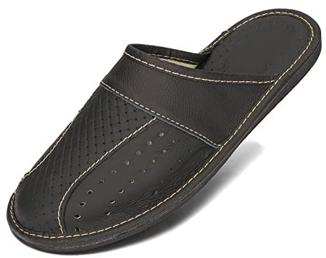 BeComfy Pantoufles Hommes Chaussons Cuir Véritable Mules Maison Noir Marron 40-50 EU (Noir, Système Taille Chaussures EU, Adulte, Numérique, Moyen, 44)