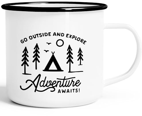 MoonWorks Emaille Tasse Becher Outdoor Design Spruch Go out an explore Adventure awaits Camping Travelling Trekking Kaffeetasse Weiss-schwarz Emailletasse