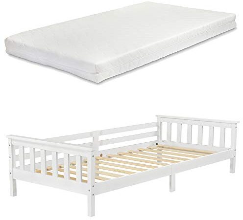 [en.casa] Kinderbett Nuuk mit Kaltschaummatratze 90x200 cm Jugendbett mit Stauraum und Lattenrost Kojenbett Kiefernholz Sperrholz Weiß
