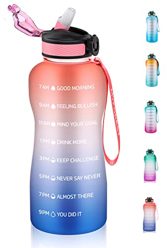 MYFOREST Bouteille d'eau motivante de 2,2 L avec paille, couvercle à rabat étanche, marqueurs de temps et sans BPA - Pour sport, cyclisme, course à pied - Rose et bleu