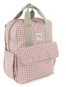 Walking Mum. Borsa zaino I Love Vichy, borsa per pannolini per passeggino, design versatile con manici corti e spallacci colore rosa misure 37 x 28 x 12 cm.