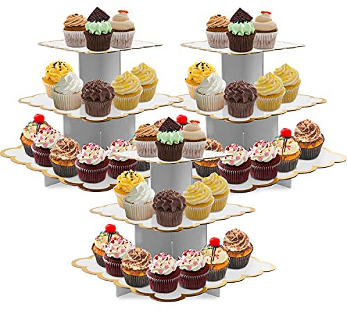 Cupcake Stand,3 Set of Square 3-Tier Dessert Plates Mini Cakes Fruit Candy Display Tower Cookie Tray Rack Candy Buffet Holder Cake Stand Cardboard Cupcake Stand Tiered Serving Stand (White)