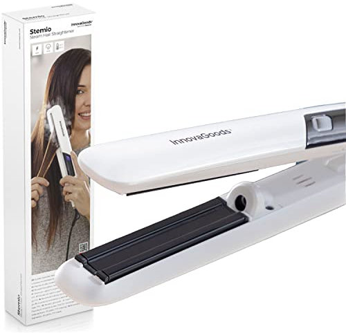 InnovaGoods®- Plancha de Pelo Cerámica con Vapor, 5 Temperaturas hasta 200°C, Placas 3D, Apagado Automático, Blanco y Negro, Mediana, De Cerámica