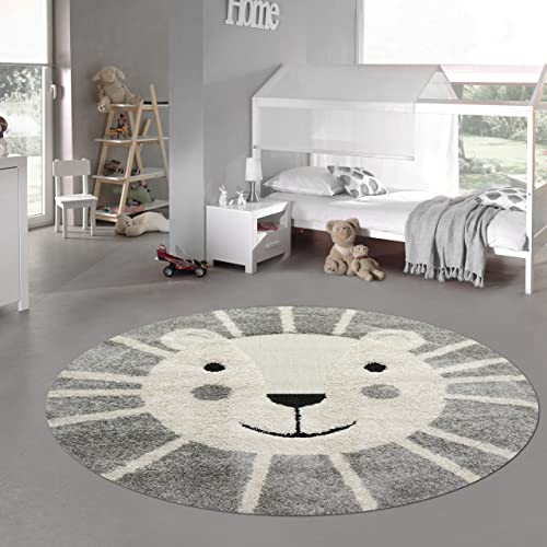 Teppich-Traum Kinderzimmer Teppich Baby Spielteppich 3D Optik High Low Effekt Löwe Creme grau weiß 200 cm rund