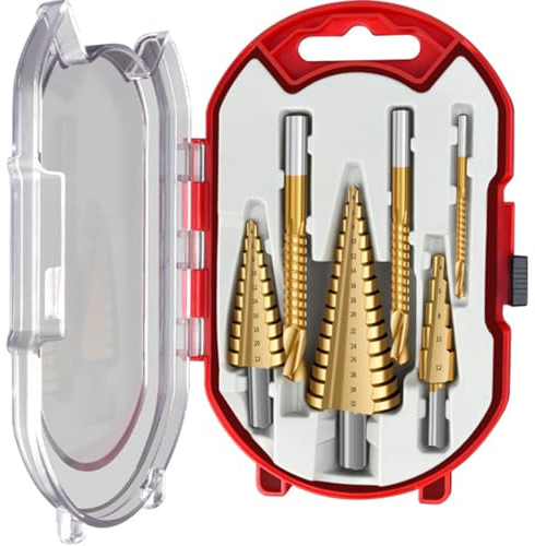 6PCS HSS Titanium Coated Drill Bit Set, Including 3 Sizes Step Drill Bit and 3 Sizes Twist Drill Bits for Metalworking, Woodworking, Hole Drilling, Multiple Hole Stepped Up Bits for DIY Lovers