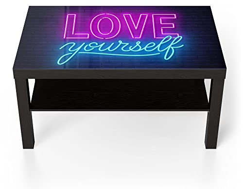 DEQORI Glastisch | schwarz groß 90x50 cm | Motiv Neonschrift Selbstliebe | ausgefallener Beistelltisch aus Glas | Hochglanz Couchtisch fürs Wohnzimmer | moderner Couch Tisch mit Design