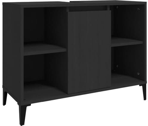 vidaXL Meuble d'Évier, Armoire de Lavabo avec 5 Compartiments et Porte, Meuble sous Lavabo avec Pieds Salle de Bain, Industriel, Noir Bois d'Ingénierie