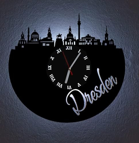LED Wanduhr Dresden Skyline Uhr Hintergrundbeleuchtet mit schleichendem Uhrwerk