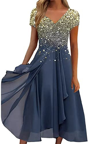Sommerkleid Damen V Ausschnitt - Abendkleid Lang Kleid Elegant Chiffon Swing Cocktailkleid Moderne Maxikleid Festliche Kleider für Hochzeitsgast Abendkleider Brautjungfernkleider Partykleid
