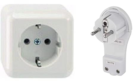 Merten MEG2301-8719 Schuko Steckdose 16 A - 250 V, Aufputz Steckdose 1 -fach & EMOS extraflacher Winkelstecker, Flacher Schutzkontaktstecker mit Lasche