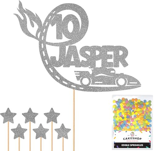 Personalised F1 Motor Racing Car Glitter Cake Topper - Dark Silver Custom Age & Name Glitter Cake Decoration and Sprinkles - Happy Birthday Decorations - Personalised Toppers for Cakes by Cakeshop