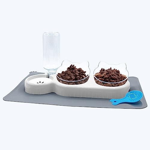 Triple Cat Bowls with Water Dispenser, Pet Water and Food Bowl Set with Non-Slip Mat and Scoop, 15° Tilted Double Dog Cat Bowls, Wet and Dry Food Bowl Set for Cats & Small Dogs (White)