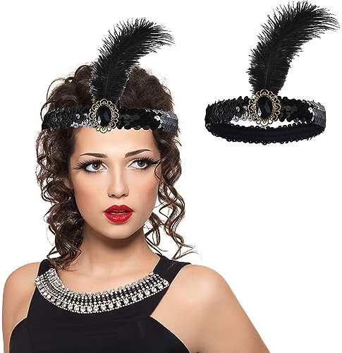 WLLHYF 1920er-Jahre-Stirnbänder für Damen Schwarzes Feder-Haarband Strass-Kristall-Flapper-Kopfschmuck 20er-Jahre-Vintage-Perlen-Blatt-Haarband Haar-Valentins-Accessoire für Mädchen-Kostümparty