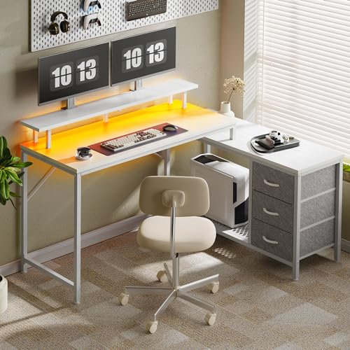 Huuger Reversible L-Shaped Computer Desk with LED Lights, Power Outlets & Shelves - Corner Desk with Monitor Stand, for Home & Office, White