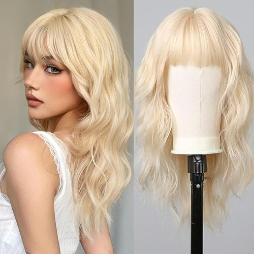 testar Blonde PerÜCken FÜR Frauen Platin PerÜCken Wasserwellen PerÜCke Mit Pony Haarersatz Realistische NatÜRlich Aussehende Synthetische Lockige PerÜCken FÜR Den Täglichen Gebrauch