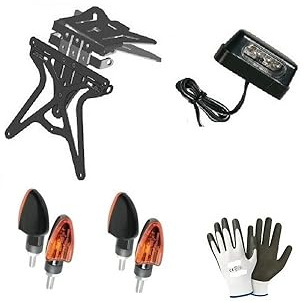 KOMPATIBEL MIT Honda FMX 650 KENNZEICHENHALTER-STÜTZKIT DOPPELTE UNIVERSALVERSTELLUNG + 2 GLÜHBIRNENPFEILE + E13-KENNZEICHENLEUCHTE, EU-ZULASSUNG
