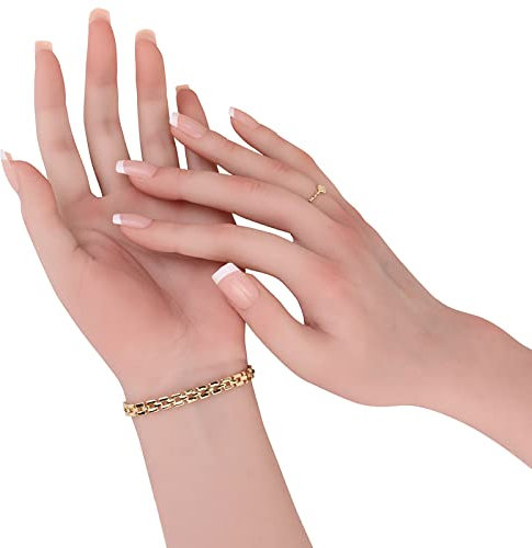 MOTLEYBEAN Silicone Female Hand Realistic Life Size Female Hand Model for Showing Jewelry Nail Art Practice Halloween Costume Prosthetics with Acrylic Nails (Pair hands, Tan)
