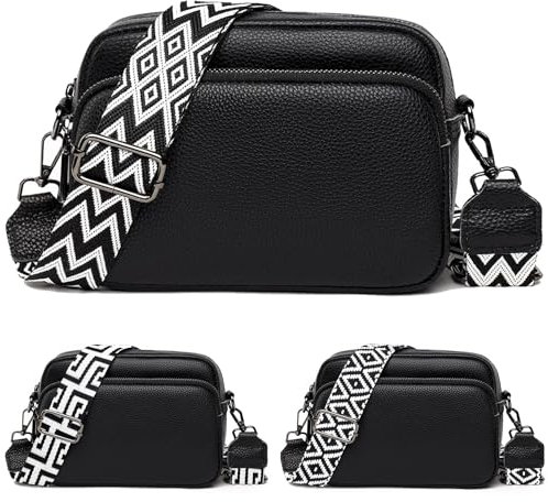 JiJia LeCo Crossbody Bag Damen Breiter Gurt UmhäNgetasche Damen Klein Bauchtasche Damen Stylisch Mit 3 Schultergurten (Schwarz)