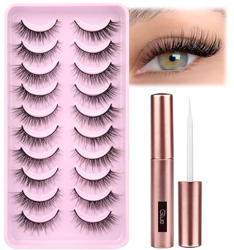 Wispy False Eyelashes with Eyelash Glue Cat Eye Lashes Natural Look 10 Pairs Reusable Eyelashes 3D Fake Strip Lashes with 5ML Lash Glue