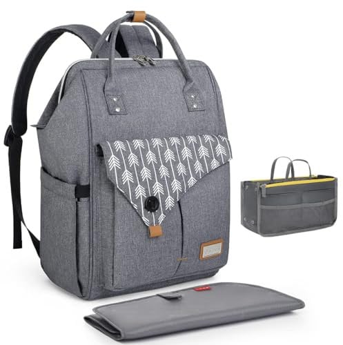 Lekebaby Wickelrucksack Wickeltasche mit 1 Wickelunterlage und 1 Organizer-Tasche, Großer Kapazität Wickeltasche Rucksack Babytasche Reisetasche für Unterwegs, Geschenk für Mutter Damen, Grau