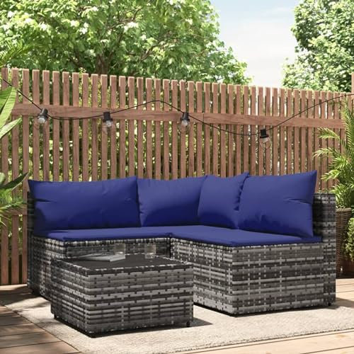 BAZZI 4-TLG. Balkon Lounge Klein Rattan Lounge Moebel Balkon Klein mit Kissen Balkonmöbel Rattan(Eckteil+2xMittelteil+Tisch) Balkon Ecksofa Klein Grau und Blau Outdoor Sofa Lounge L Form