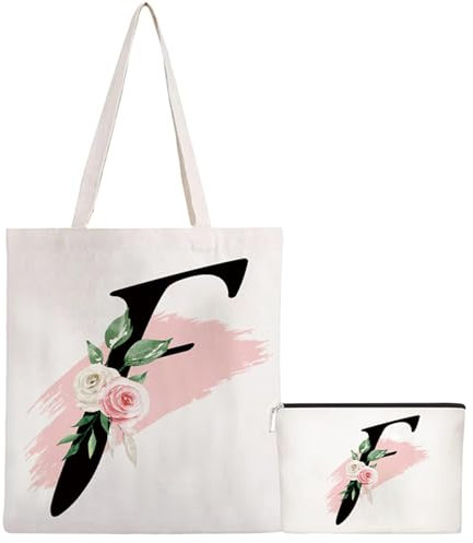 Initialen Einkaufstasche,Canvas Tote Bag Stoffbeutel Bedruckt,Geschenk Stofftaschen faltbar Tragetasche und Kosmetiktasche,Baumwolltasche für Frauen Freundin Mama Geburtstag,Hochzeit,Muttertag (F)