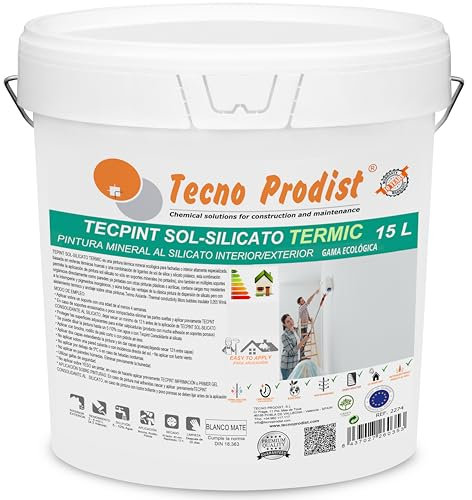 Tecno Prodist TECPINT SOL-SILICATO TERMIC (15 Litros) Pintura al silicato ecológica, mineral, interior - exterior al agua, 100% Natural, Paredes y Techos, Transpirable - térmica (BLANCO)