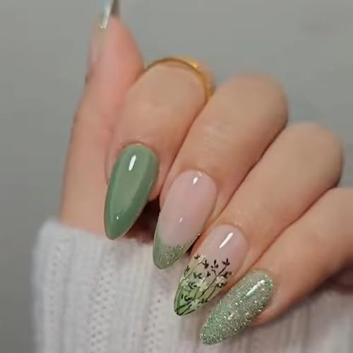 Irikdescia Lot de 24 faux ongles courts en forme d'amande française à coller avec motif fleurs pailletées, pointe française en forme d'amande, faux ongles