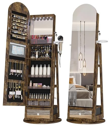 LVSOMT LED Bogen Schmuckschrank mit Spiegel, 360° Drehbar Standspiegel mit Schmuckschränke, Abschließbar Schmuckspiegelschrank mit Beleuchtung, Schmuckschrank Stehend Holz mit 3 Stufiges Regal, Braun
