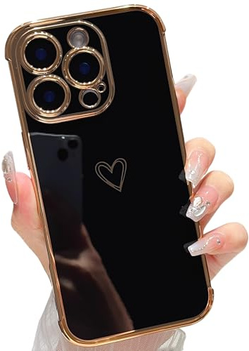 ZTOFERA Heart Phone Case for iPhone 16 Pro Max (6.9), Black | Cute Love Heart Pattern, Fashion Plated Edges, for Girls Women, Flexible Soft Silicone, Shockproof Bumper Cover