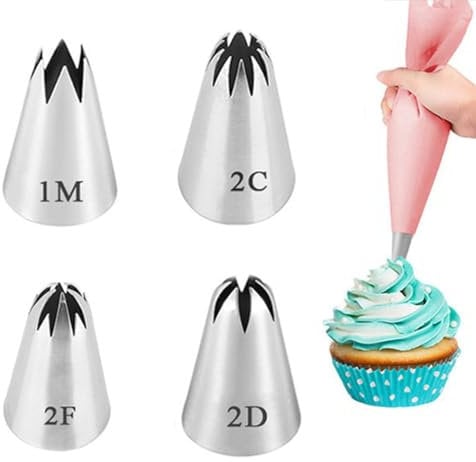 GXGM 4er Set Rostfreier Stahl 304 Profi Spritztüllen,mittelgroß(1M+2C+2D+2F, zum Dekorieren von Torten, Cupcakes, Krapfen - Tüllen kompatibel mit Spritzbeutel/Spritzsack,Spritztüllen set