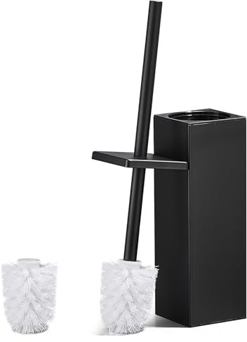 ALFKET Escobilla WC con Mango y Portaescobillas de Acero Inoxidable, Cuadrado Escobillero para Baño con 2 Cabezales, 8x8x42.5cm, Negro
