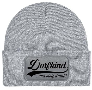 NIMAMA Mütze Beanie Dorfkind Wintermütze Statement Spruch Print Geschenk Unisex Strickmütze für Herren & Damen - Graumeliert