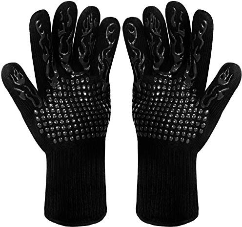 WIN.MAX Grillhandschuhe, Ofenhandschuhe BBQ Kochenhandschuhe Backhandschuhe Hitzefeste Handschuhe Kaminhandschuhe bis zu 800°C 1 Paar Silikon rutschfeste EN407 ZumGrillen (Fackeln)