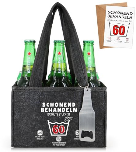 WenmthG Schonend Behandeln 60 Lustige Geschenke Geburtstag Männerhandtasche Bier mit Flaschenöffner und Grußkarten für Männer Frauen Freund, Männerhandtasche Bier Flaschenträger für 6 Bierflaschen