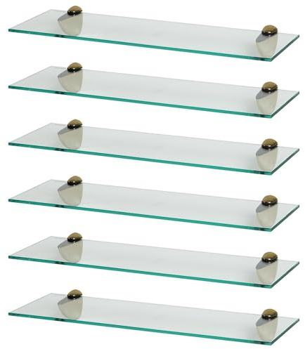 Harbour Housewares Floating Glass Bathroom Shelves - 60cm - Clear/Gold - 6x Wall-Mounted Kitchen Bedroom Shower Room Décor Caddy Towel Storage Organiser Shelving Rack with Brackets