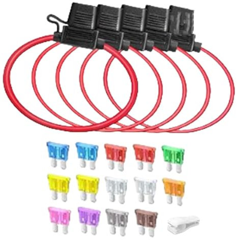Lot de 5 porte-fusibles 12 (1) + 16 AWG (4) porte-fusibles en ligne 12 V étanches pour voiture, camion, marine, industrie + 14 fusibles standard (2 A, 3 A, 5 A, 7,5 A, 10 A, 15 A, 20 A, 25 A, 30 A, 35