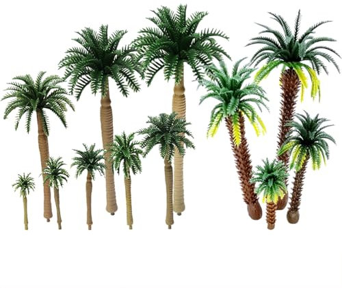 JIHUOO Lot de 12 petits arbres tropicaux miniatures décoratifs en plastique pour gâteaux - Mini modèle de palmiers - Figurines miniatures en noix de coco