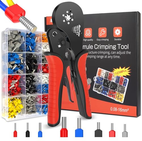 Ferrule Crimping Tool Kit, 0.08-16mm²/AWG30-5 Self Adjustable Wire Crimper with 1250pcs Connectors for Household & Industrial Electrical Work (6 Side)