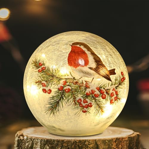 BERSCAH Glaskugel Licht, Crackle LED Nachtlicht, Vogel, roter Fruchtzweig, Kugel, Glas-Tischlampe, Orb Cardinal-Nachtlicht für Außendekorationen, Gehweg, Terrasse, Hof, Rasen, Schlafzimmer