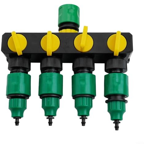 Niceminiwall 4-way garden hose manifold with quick connector, dual inlet compatibility, hose adapter for efficient drip irrigation systems