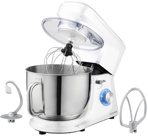 Cooks Professional Stand Mixer 1200W with 6 Speeds & Pulse Function, 7L Stainless Steel Mixing Bowl, Splash Guard, Whisk, Beater & Dough Hook | Electric Kitchen Mixer for Cakes, Bread, Baking | White