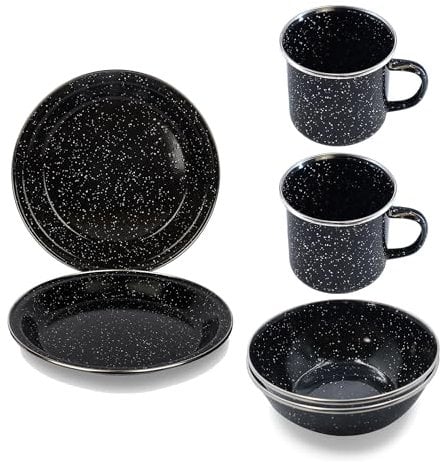 6pc Enamel Camping Set - 2 Mugs, 2 Plates and 2 Bowls - Black, Heat Resistant, Ideal Accessory for Camping, Picnic, Hiking, Fishing (2 Mugs, Bowls & Plates)