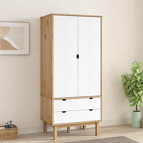 Massbinet Kleiderschrank OTTA Braun&Weiß 76,5x53x172 cm Massivholz Kiefer Holzoptik Moderner Schlafzimmerschrank mit Stauraum für Schlafzimmer & Büro geeignet