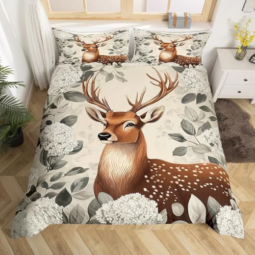 Homewish Bettbezug 140 x 200 cm, rustikaler Hirsch, Bettwäsche für Erwachsene, elegant, bedruckt mit wilden Tieren, Bettbezug-Sets Dschungeltiere, Tagesdecke, weiße Blumen