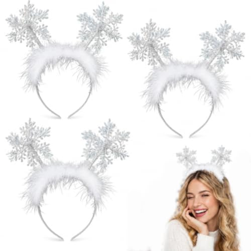 FMPXYYA Weihnachten Stirnband Set 3 Stück – Schneeflocken Haarreif mit Federdeko – Winterliches Haarband für Damen Party Outfit Cosplay Accessoire Geschenk
