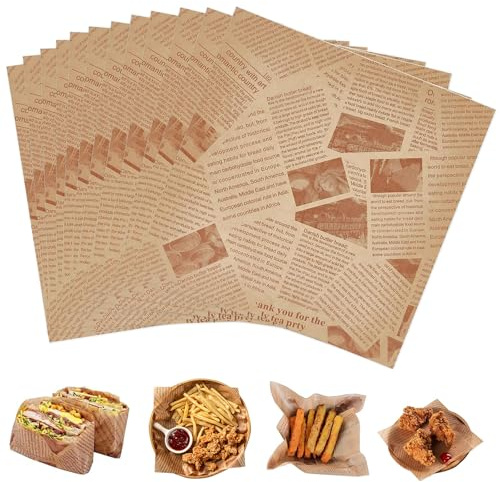 Vylro 200 Blätter Deli Papierblätter, 18x18cm Backpapier Zeitungsoptik | Wrap Papier, Lebensmittelverpackungspapier, Wasserdicht und Ölbeständig, für Burger, Butterbrot, Käse, Pommes, Kuchen