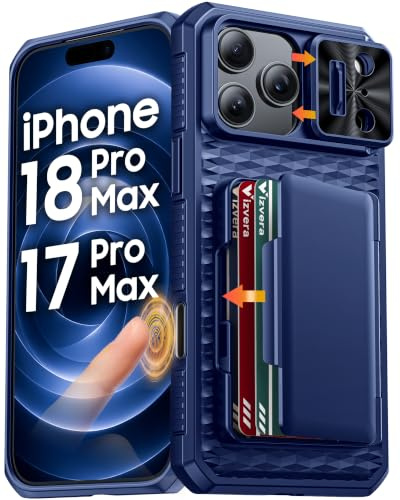 Vizvera for iPhone 17 Pro Max Case Wallet, with RFID Card Holder, Slide Camera Cover, Kickstand, Silicone Edge Military Drop Protection Rugged Shockproof Case for iPhone 17 Pro Max 6.9 2025,Blue