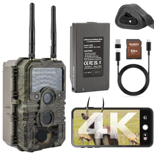 GardePro E9 2.0 Pro Wildkamera Doppelantenne WLAN mit 64GB SD Karte, 64MP H.264 4K Video Wiederaufladbare 7800mAh Akku, Mobilfunkübertragung, 30m Nachtsicht Bewegungsmelder 0,1s Trigge, IP66